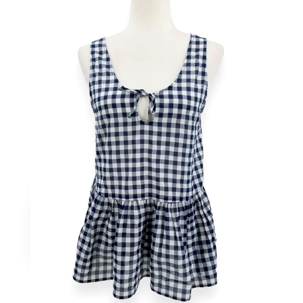 LOFT Outlet Navy Blue White Check Pattern Sleeveless Ruffle Hem Cotton Top Small